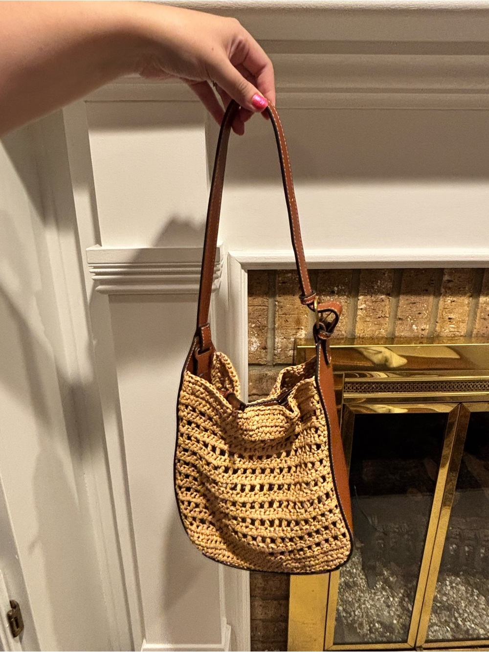 Mango Crochet Straw Shoulder Bag with Brown Leather Strap